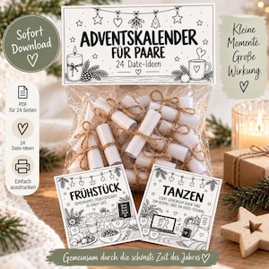 Op de afbeelding: Een printbare adventskalender voor koppels met 24 date-ideeën. De set bevat een kopkaart met de tekst ADVENTSKALENDER FÜR PAARE, een doorzichtige zak gevuld met 24 witte papieren rollen vastgebonden met touw en twee geïllustreerde activiteitenkaarten.