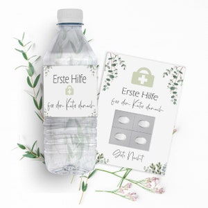 20 x set Para la resaca después EUCALIPTO 20 banderolas para botellas de agua + 20 postales