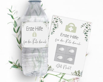 20 x Set For the hangover afterwards EUCALYPTUS 20 banderoles for water bottle + 20 postcards