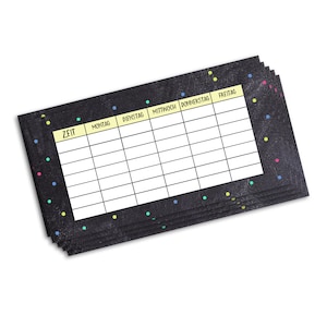 Può includere: Un pianificatore settimanale in stile lavagna nera con una riga di intestazione gialla etichettata "Zeit", "Montag", "Dienstag", "Mittwoch", "Donnerstag" e "Freitag". Lo sfondo è decorato con coriandoli colorati.