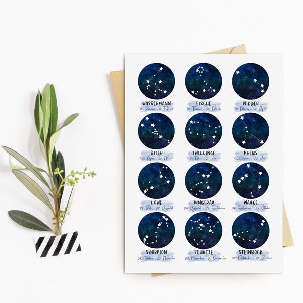 Postkarte Sternzeichen Übersicht Grußkarte Sternzeichen