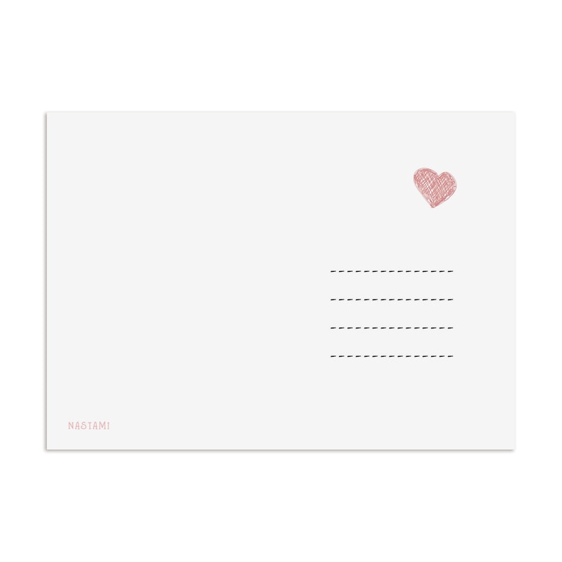 May include: A blank white card with a pink heart drawn on it. The card has five black dashed lines for writing. The card has the word "NASTAMI" printed in pink at the bottom.