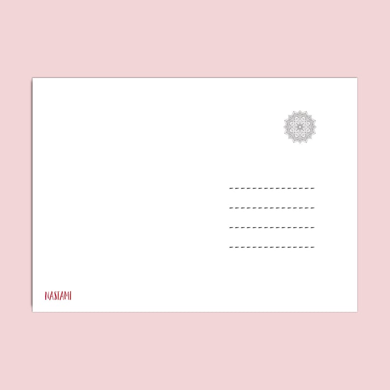 May include: A white postcard with a black and white mandala design in the upper right corner. The text "NASTAMI" is printed in red at the bottom of the card.