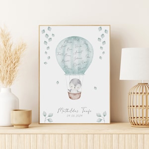 Cartel invitado BAUTISMO pingüino globo aerostático PERSONALIZADO con nombre como regalo para un bautismo libro de visitas bautismo