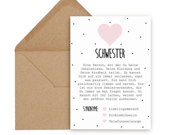 Postcard SISTER Definition incl. Envelope Sister Gift