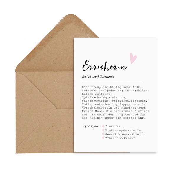 Postkarte Definition ERZIEHERIN Definition inkl. Briefumschlag Erzieherin Geschenk Kindergarten Abschied