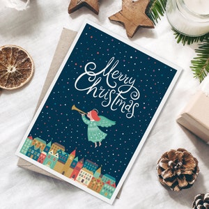 Postkarte Merry Christmas Engel, Postkarte Weihnachten Weihnachhtskarten Weihnachtsgeschenke Weihnachtsdeko Grußkarten Weihnachten Bild 1