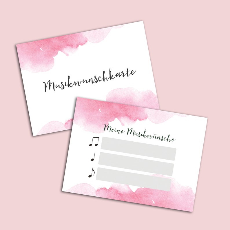 Musikwunschkarten für die Hochzeit als Hochzeitsspiel Gastgeschenk Gäste Musikwünsche Aquarell rosa