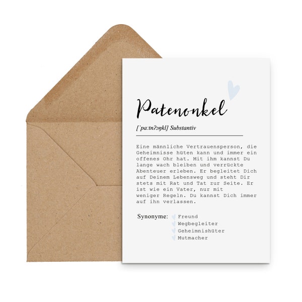 Postkarte PATENONKEL Definition inkl. Briefumschlag Taufe Geschenk Paten