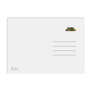 May include: A white postcard with a colorful "Happy Birthday" message in the upper right corner. The postcard has a blank space for writing a message and a signature line at the bottom.