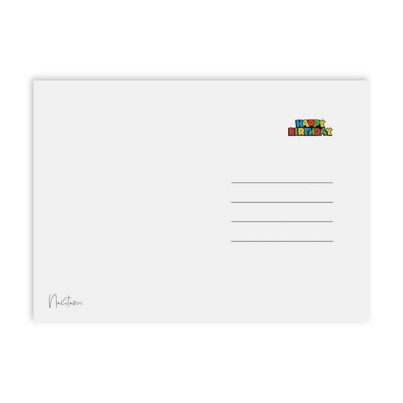 May include: A white postcard with a colorful "Happy Birthday" message in the upper right corner. The postcard has a blank space for writing a message and a signature line at the bottom.