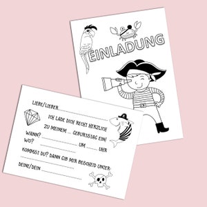 Einladungskarten zum Ausmalen Pirat Geburtstag 5 Stück, Einladung Kindergeburtstag Piratenparty, Einladungskarten Kindergeburtstag