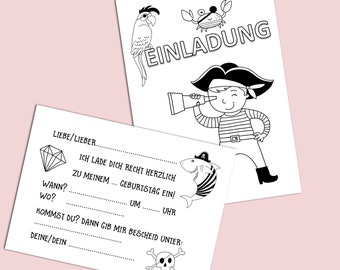Invitation cards to color in pirate birthday 5 pieces, invitation children's birthday pirate party, invitation cards children's birthday