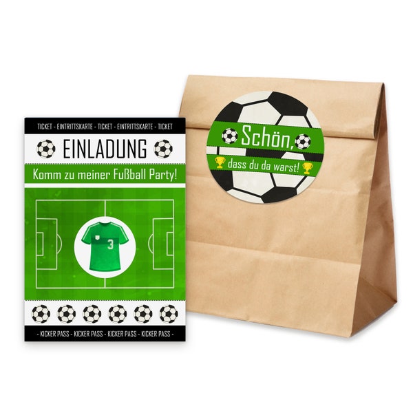 10 x Einladungskarten Kindergeburtstag FUSSBALL+ 10 Tüten inkl. Sticker Mitgebsel Kindergeburtstag