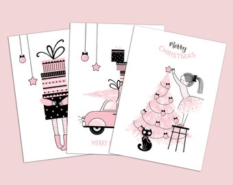 Christmas Card Set 3-Piece PINK, Christmas Cards Postcards Set Christmas Christmas Christmas Cards Set Greeting Cards Christmas Greeting Card