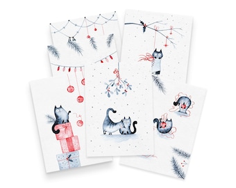 Set de cartes de Noël CATS Lot de 6 cartes de Noël Chat Noël