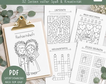 Libro para colorear de bodas para niños – PDF imprimible, 32 páginas