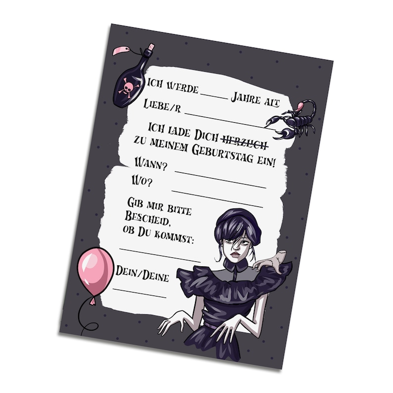May include: A black and white birthday invitation with a cartoon illustration of a girl in a black dress and a scorpion. The text on the invitation reads "ICH WERDE ____ JAHRE ALT LIEBE/R ICH LADE DICH HERZUCH ZU MEINEM GEBURTSTAG EIN! WANN? WO? GIB MIR BITTE BESCHEID, OB DU KOMMST: DEIN/DEINE"