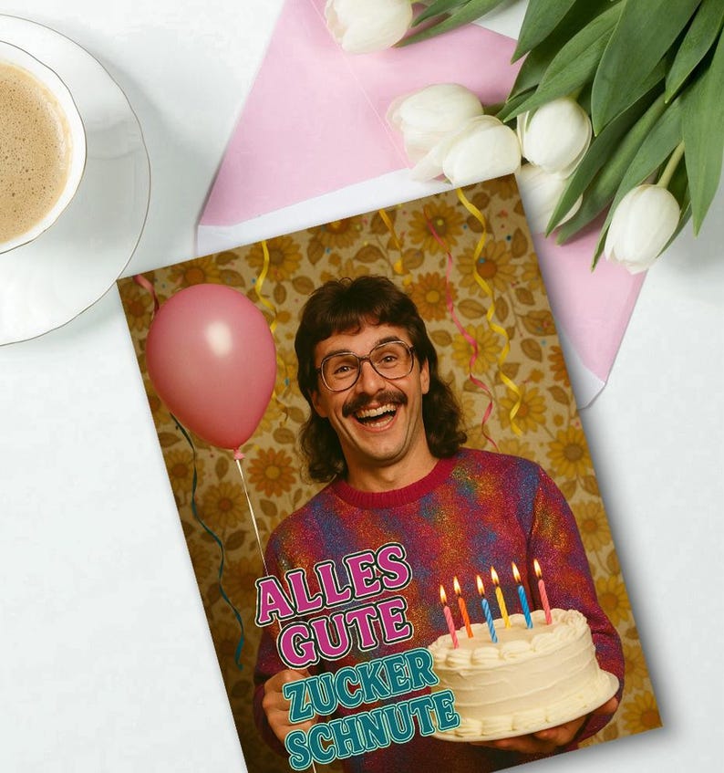 May include: A birthday greeting card featuring a man with a mustache holding a cake with lit candles. The card has the text "ALLES GUTE ZUCKER SCHNUTE" in pink and blue. A pink balloon is visible.