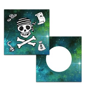 May include: A green and blue space-themed background with a white pirate skull and crossbones, a treasure map, a bag of gold coins, and a hook. The background has a white circle in the centre.