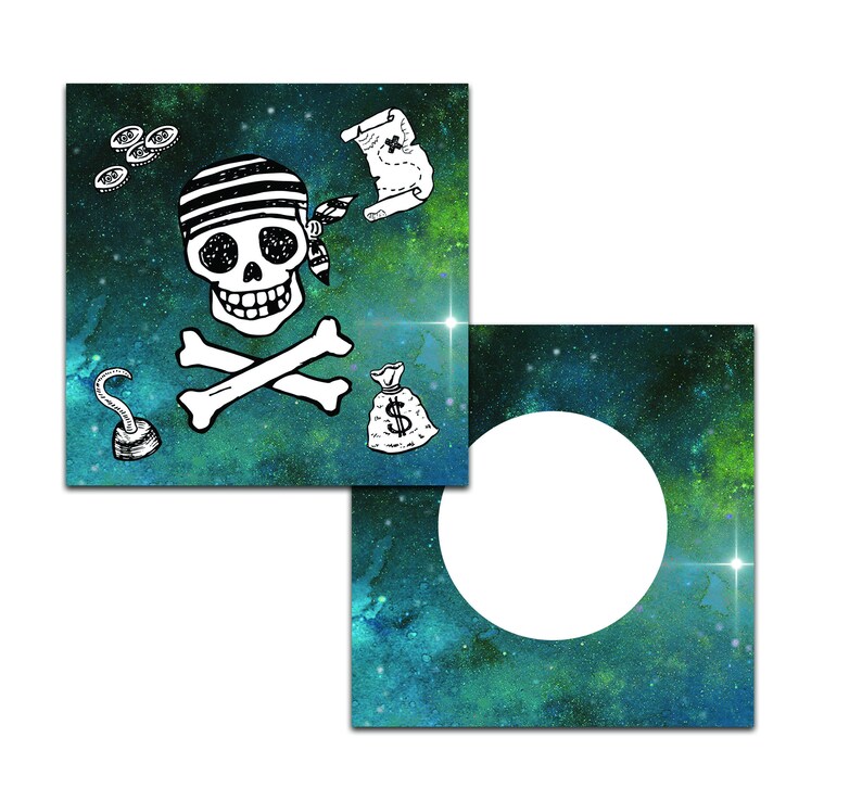 May include: A green and blue space-themed background with a white pirate skull and crossbones, a treasure map, a bag of gold coins, and a hook. The background has a white circle in the centre.