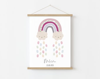 Gastposter DOOP REGENBOOG gepersonaliseerd met naam als cadeau voor een doop VINGERAFDRUK