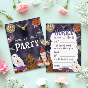 May include: A purple and black Harry Potter themed birthday party invitation with a white owl, a sorting hat, and a castle. The text reads "Komm zu meiner PARTY" and "HURRA Ich werde ____ Jahre alt Liche/r ____ Ich lade Dich herzlich zu meinem Geburtstag ein! Wann? ____ Wo? ____ Gib mir bitte Bescheid, ob du kommst: Dein/Deine ____"