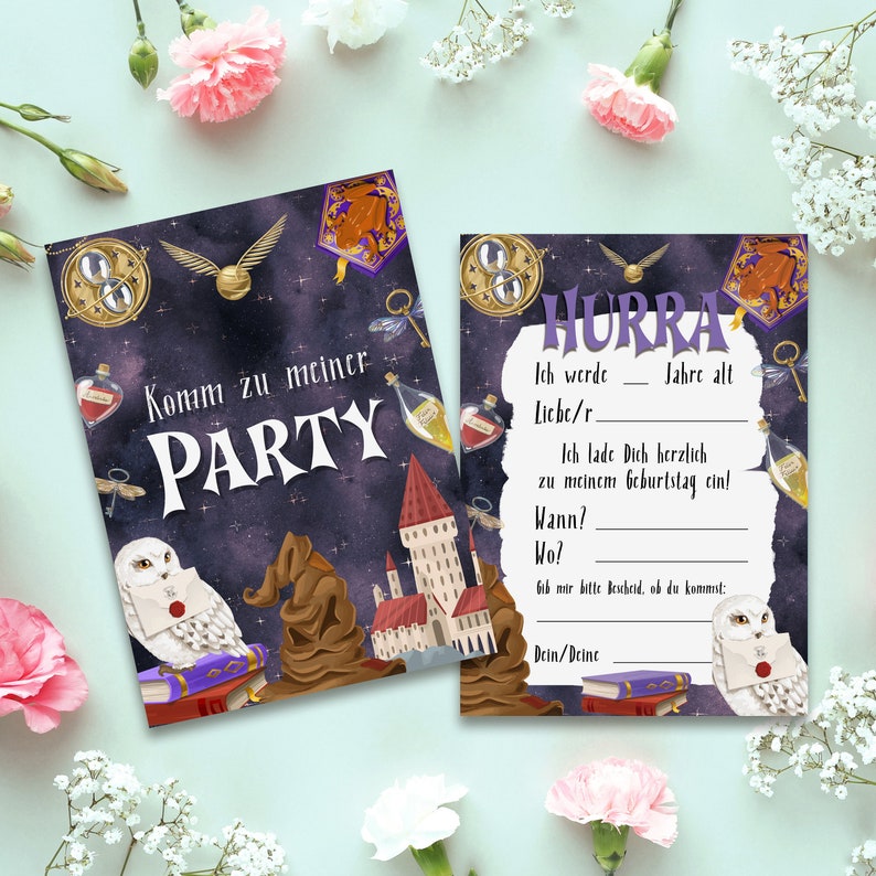 May include: A purple and black Harry Potter themed birthday party invitation with a white owl, a sorting hat, and a castle. The text reads "Komm zu meiner PARTY" and "HURRA Ich werde ____ Jahre alt Liche/r ____ Ich lade Dich herzlich zu meinem Geburtstag ein! Wann? ____ Wo? ____ Gib mir bitte Bescheid, ob du kommst: Dein/Deine ____"