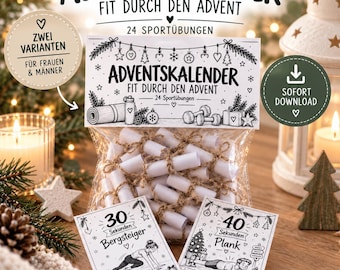 May include: A clear plastic bag filled with small white paper scrolls tied with twine. The bag features a header card with the text ADVENTSKALENDER FIT DURCH DEN ADVENT 24 SPORTÜBUNGEN and illustrations of a yoga mat, water bottle, and dumbbells.