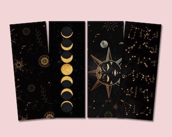 Bladwijzerset ASTROLOGIE, 4 bladwijzers maan en sterren cadeau vriendin, cadeau vrouw, bladwijzerpapier