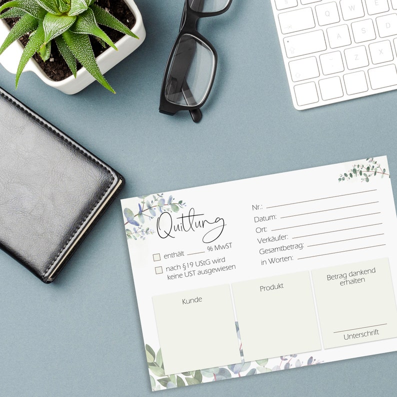 May include: A white receipt template with a floral design. The template includes fields for customer information, product details, and payment information. The text "Quittung" is at the top of the template.