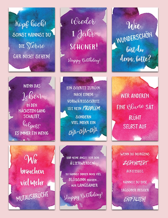 10er Set Postkarten Sprüche Aquarell Postkarten Motivation Etsy