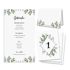 Tischdeko Hochzeit Set EUCALYPTUS (10 Tischnummern 50 Platzkarten 10 Menükarten) Hochzeit Tischdekoration Platzkärtchen
