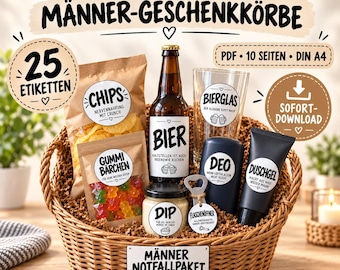 Gift Basket Tags for Men – 25 Funny Printable Gift Tags – Men's Emergency Kit – Instant PDF Download