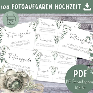 Può includere: Un set di schede stampabili intitolate 100 FOTOAUFGABEN HOCHZEIT con illustrazioni di foglie di eucalipto. Ogni scheda mostra un compito fotografico in tedesco, come catturare un bacio o gli ospiti al buffet. Un'illustrazione di una fotocamera vintage è inclusa in basso e il set è fornito come file PDF digitale in formato A4.