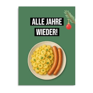 Puede incluir: Una tarjeta de felicitación verde con el texto alemán "ALLE JAHRE WIEDER!". La imagen muestra un plato de ensalada de patatas y dos salchichas. Una ramita de vegetación y una bola roja están en la esquina superior derecha.
