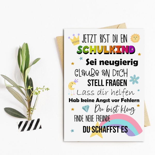 Postkarte Schulanfang SCHULKIND BUNT Geschenk Einschulung