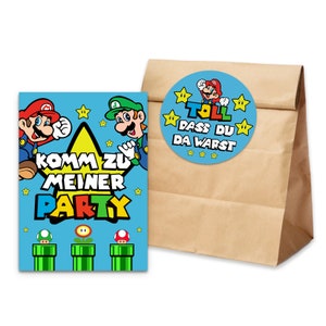 10 x Einladungskarten Kindergeburtstag SUPER MARIO + 10 Tüten inkl. Sticker Mitgebsel Kindergeburtstag
