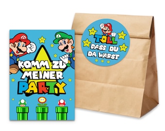 10 x Einladungskarten Kindergeburtstag SUPER MARIO + 10 Tüten inkl. Sticker Mitgebsel Kindergeburtstag