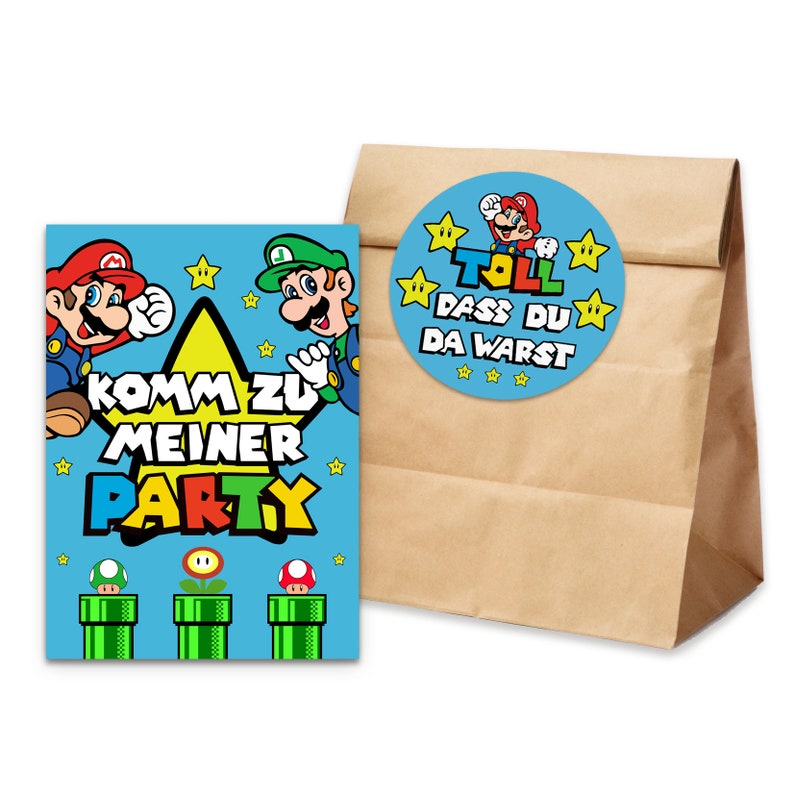 10 x invitation cards children's birthday party SUPER MARIO 10 bags incl. sticker giveaway children's birthday party image 1