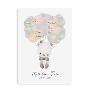 Guest poster BAPTISM Panda Balloons PERSONALIZED with name as a gift for baptism Guest book baptism
