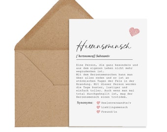 Ansichtkaart HART PERSOON definitie incl. envelop Beste vriend cadeau