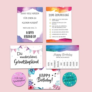 Geburtstagskarten Set 5 Geburtstagskarten und 20 Sticker AQUARELL Postkarten Set