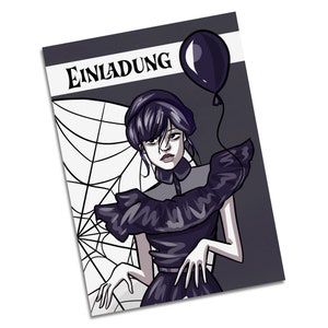 May include: A black and white illustration of a woman in a black dress with a ruffled collar and a black balloon. The text "EINLADUNG" is at the top of the image.