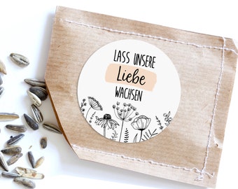 50 Sticker "Lass unsere Liebe wachsen!" FLOWERS, Hochzeit Gastgeschenk Aufkleber vintage Hochzeitsdeko Tischdeko Hochzeit