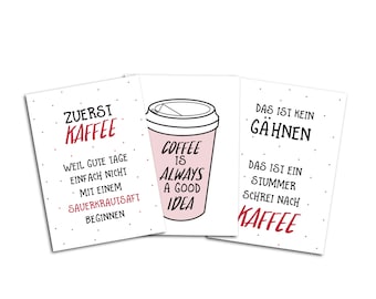 Postkarten KAFFEE Set 3-teilig, Kaffee Karten Sprüche Postkarten Grußkarten Kaffee