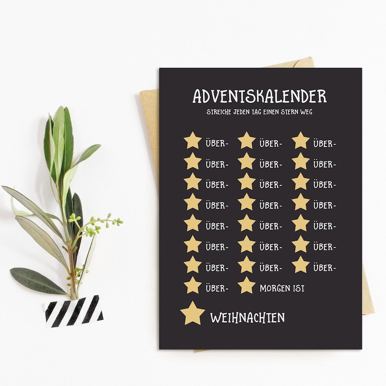 May include: A black card with gold stars and the text "ADVENTSKALENDER STREICHE JEDEN TAG EINEN STERN WEG" and "MORGEN IST WEIHNACHTEN".