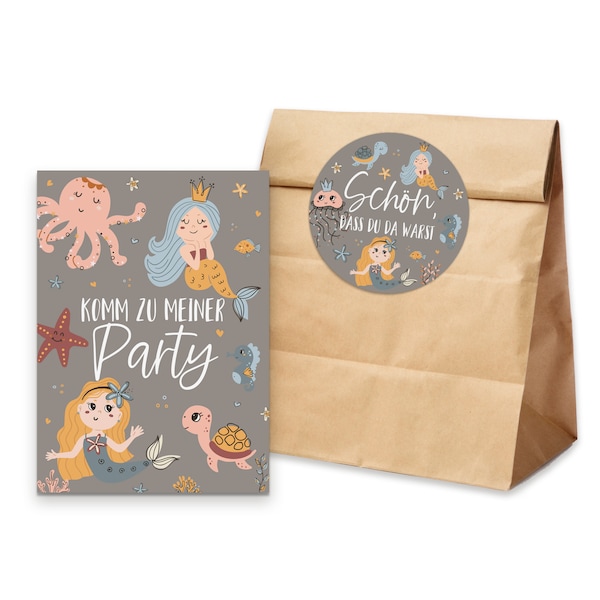10 x invitation cards Children's birthday party mermaid + 10 bags incl. sticker Gifts Children's birthday party