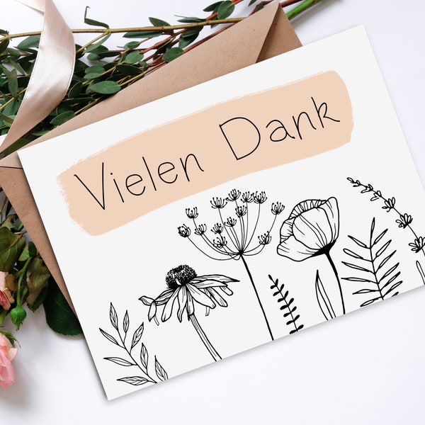 Postkarte Vielen Dank FLOWERS Danke Grußkarte, Karte Danke, Dankeskarte Hochzeit, Danke Geschenk, Danke Postkarte, Danksagung Hochzeit