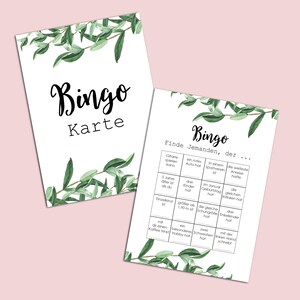 May include: A printable bingo card with a green leafy border. The card has the title "Bingo Karte" and the text "Finde Jemanden, der..." with a list of bingo squares. The squares contain phrases in German.